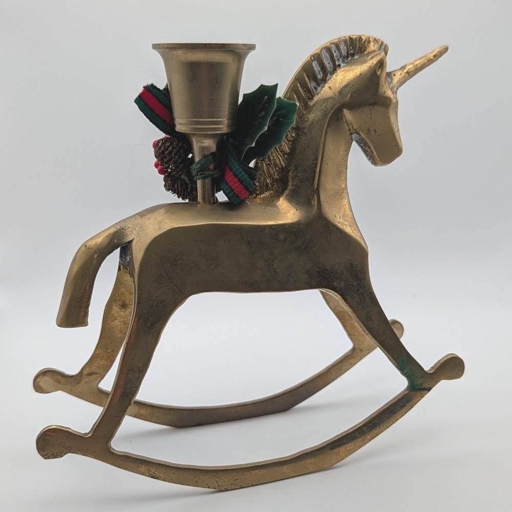 Enesco 1983 Brass Rocking Unicorn Candle Holder Christmas Ribbon Taiwan VTG